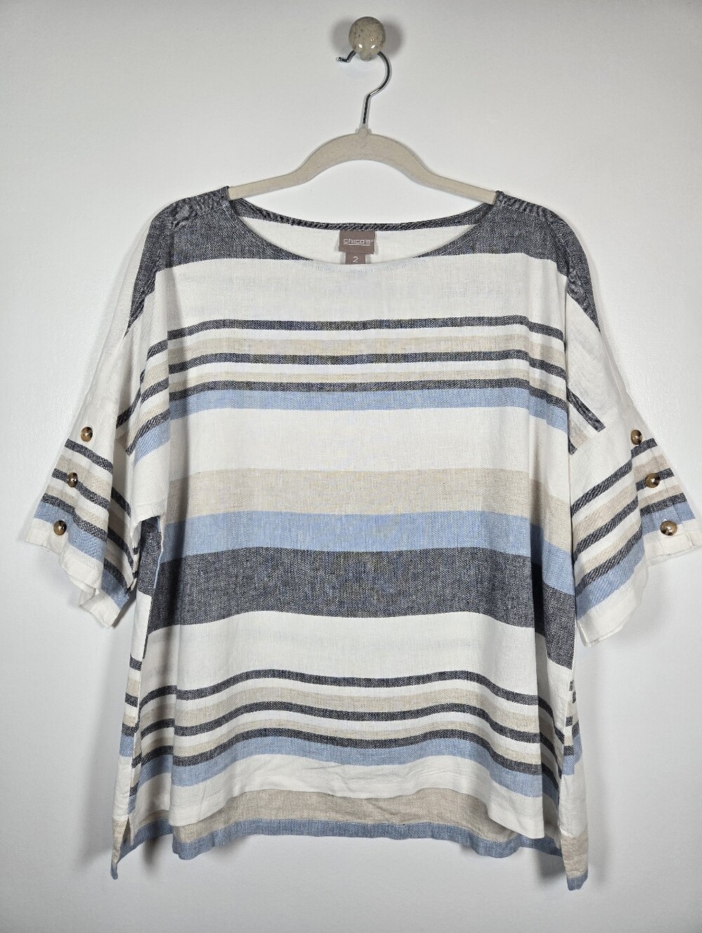 Chico's Linen Blend Stripe Tunic Top Size Large Dolman Button Sleeve Coastal